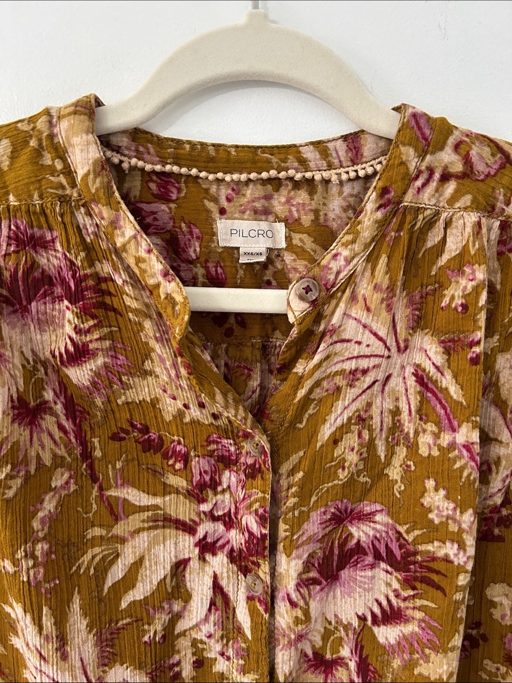 Pilcro Short Sleeved Batwing Button Blouse Mustard Pink Tropical Print Oversized - Picture 15 of 15
